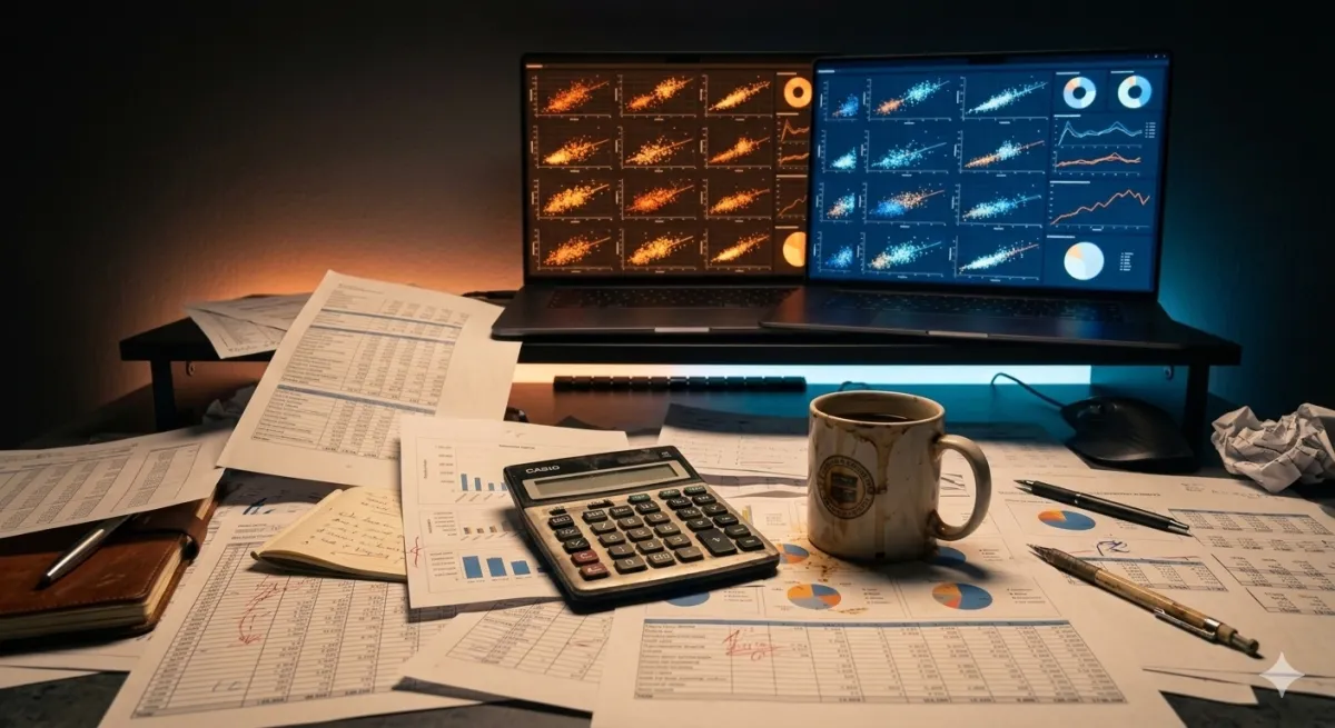 Laptop with Excel and monitor with Business Intelligence dashboard