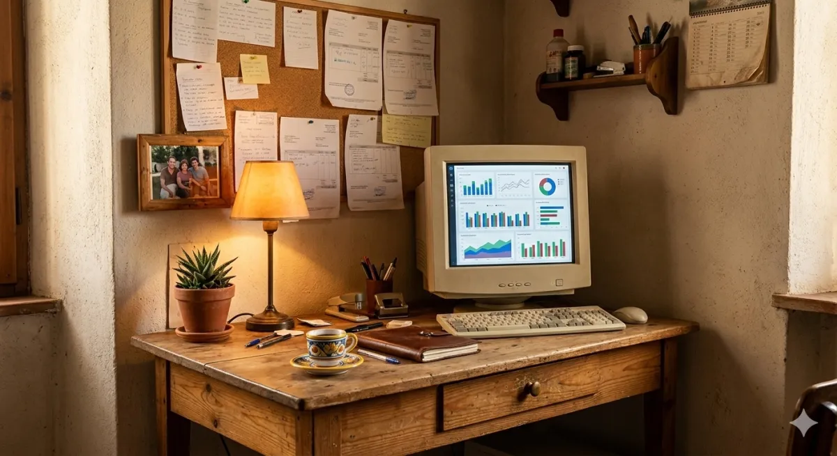 SME business owner with tablet and data analytics dashboard